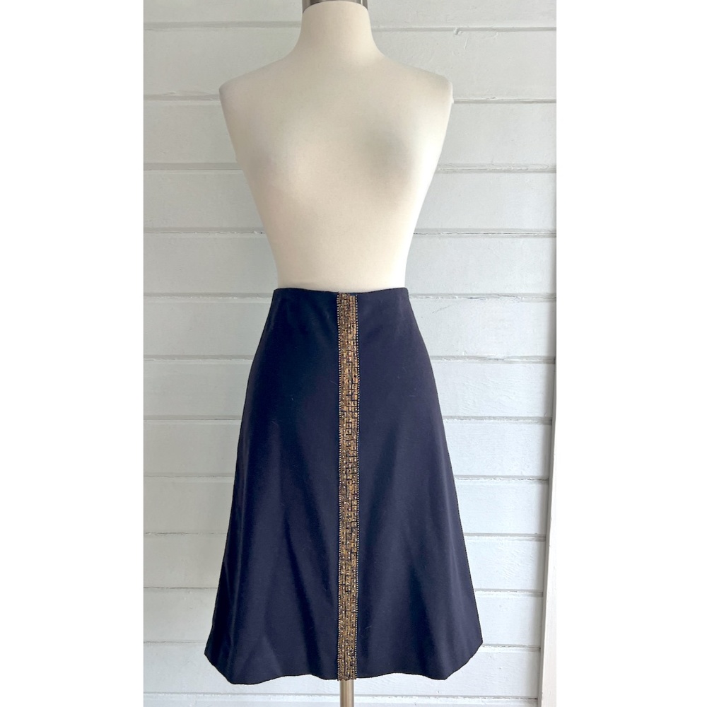ERICA TANOV Dark Navy Wool A-Line Skirt w/ Copper Beading - 0